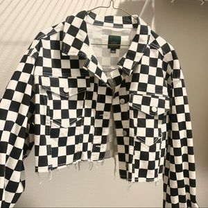 Cropped Black & White Checkered Denim Jacket